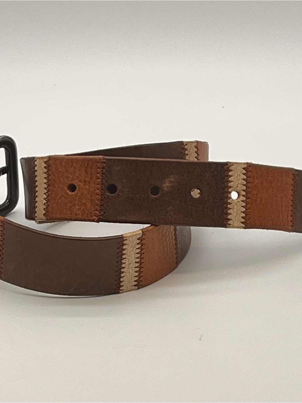 DKNY Patchwork Multicolor Brown Leather Belt Aged Metal Buckle Large 1.5 W Large